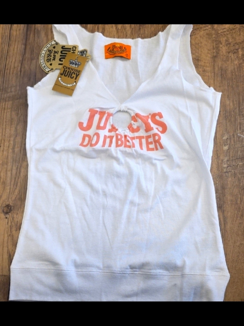 Juicy Couture White Tank with Coral Logo and Keyhole